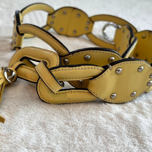 Karen Millen Yellow Leather Metal Studded Belt Size 2 Adjustable up to 36" Waist - Picture 2 of 9